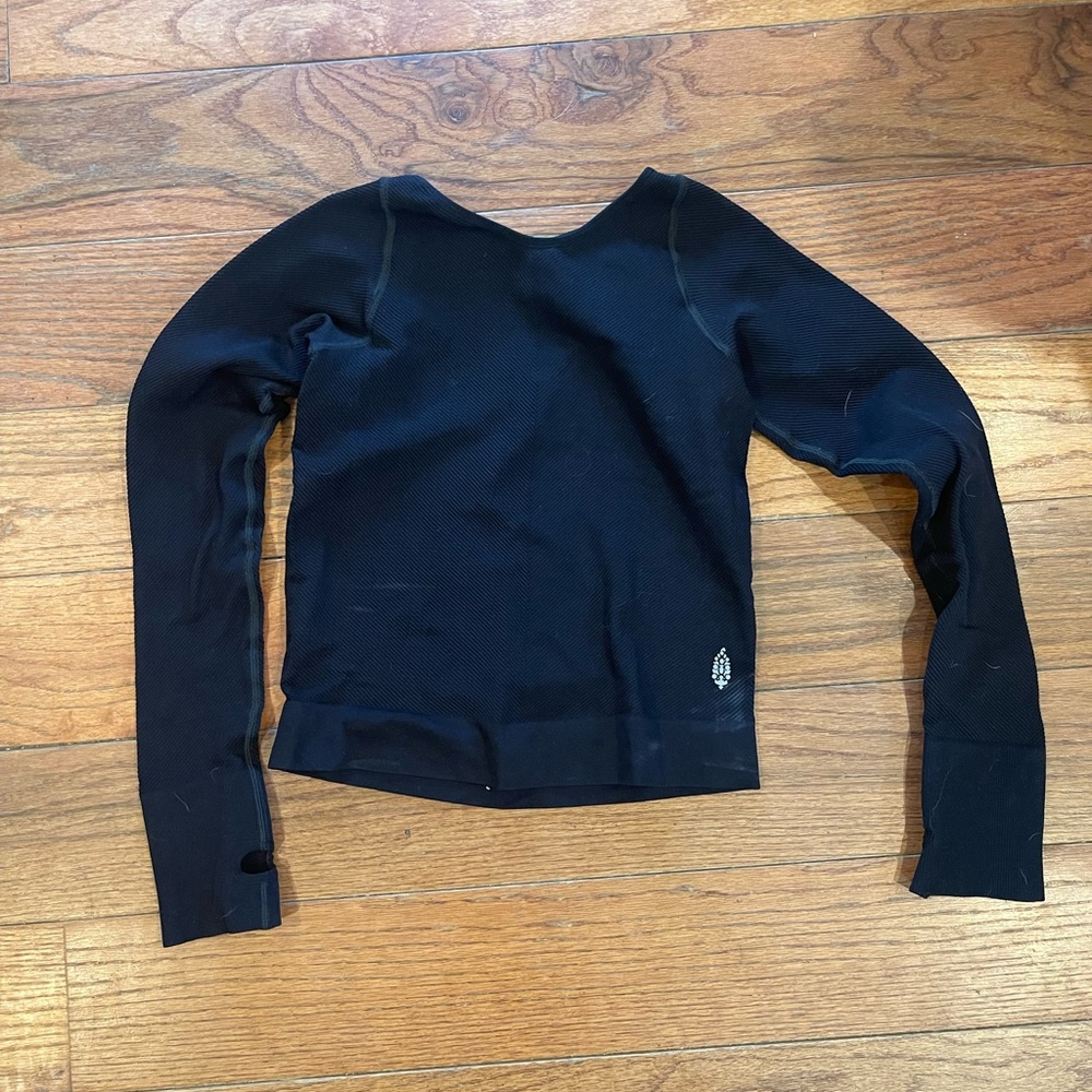 Free People Movement Black Easy Free Women M/L Long Sleeve Ribbed Keyhole Top